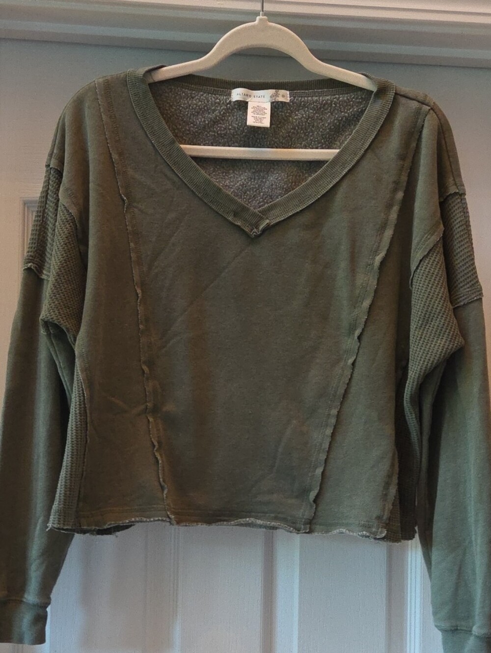 Altar'd State Olive V-Neck Cropped Sweatshirt